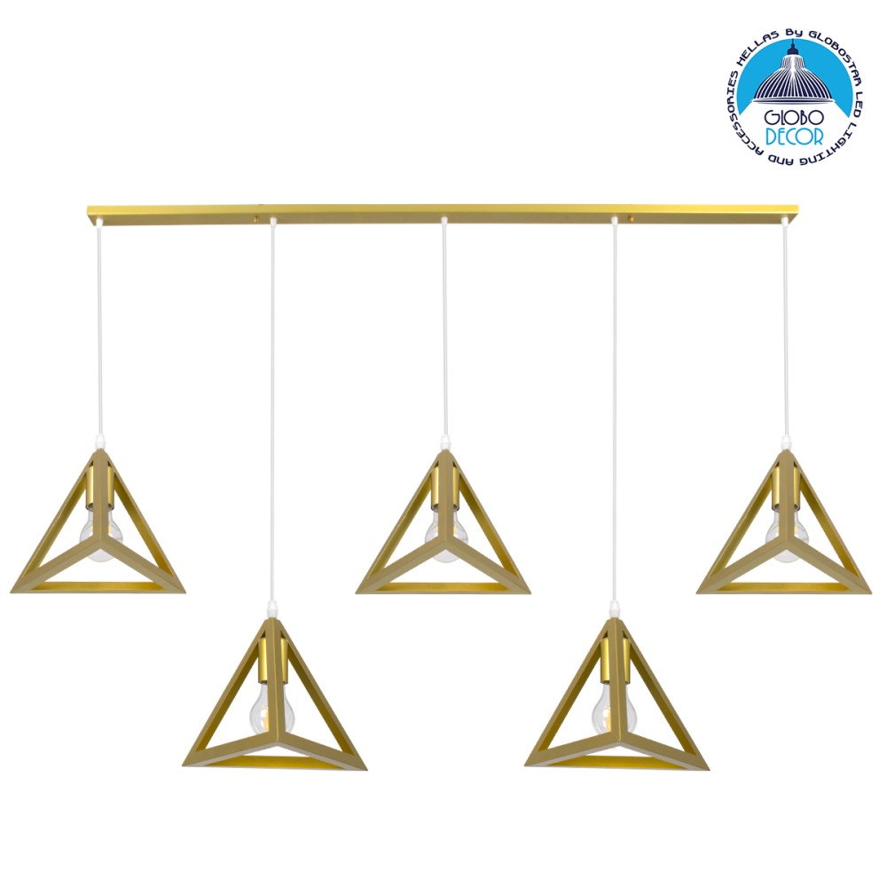 GLOBOSTAR® TRIANGLE 00610 Μοντέρνο Κρεμαστό Φωτιστικό Οροφής με Ντουί 5 x E27 AC 220-240V IP20 - Χρυσό - Μ170 x Π22 x Y130cm