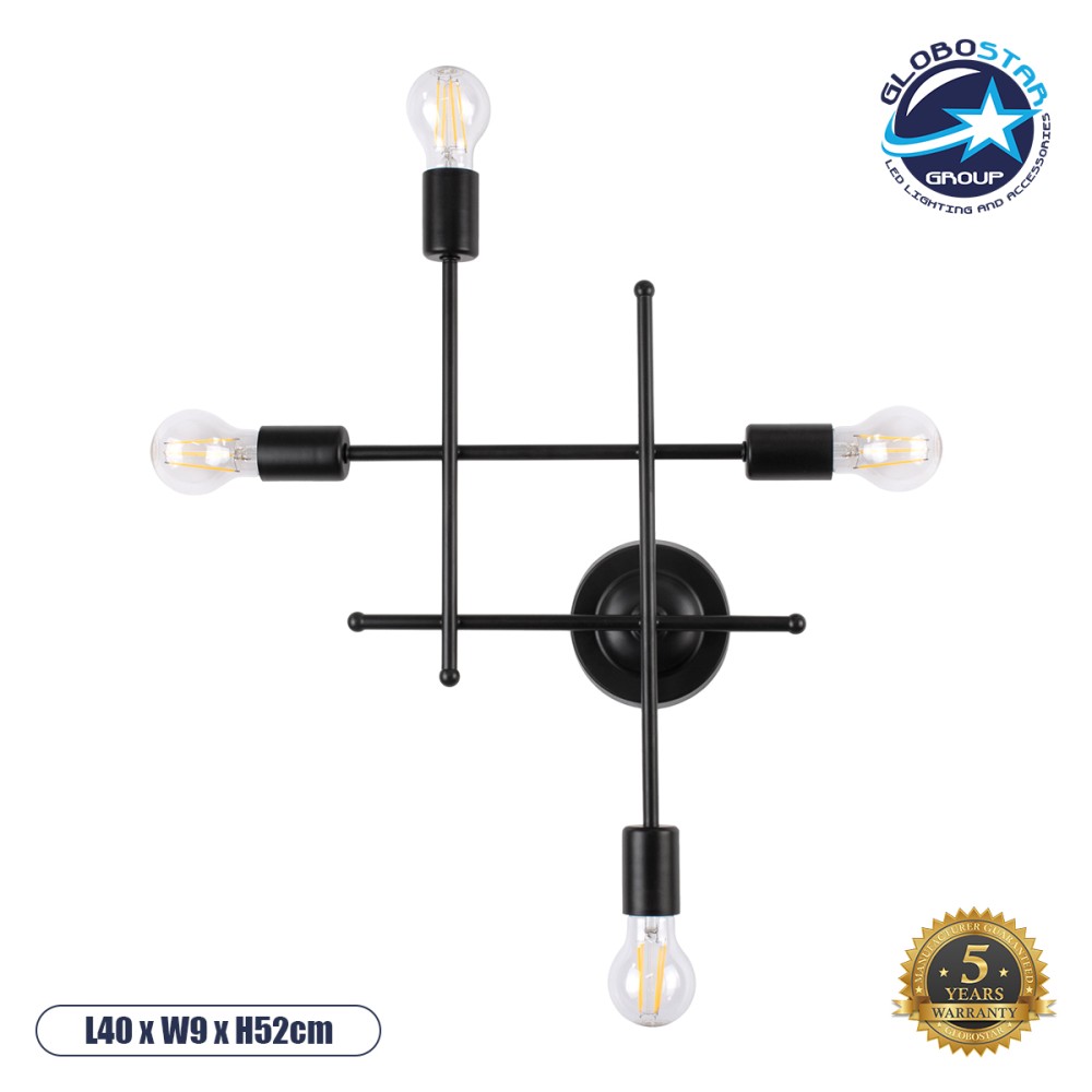 GLOBOSTAR® PIPING 00661 Vintage Φωτιστικό Τοίχου - Απλίκα με Ντουί 4 x E27 AC 220-240V IP20 - Μαύρο - Μ40 x Π9 x Υ52cm