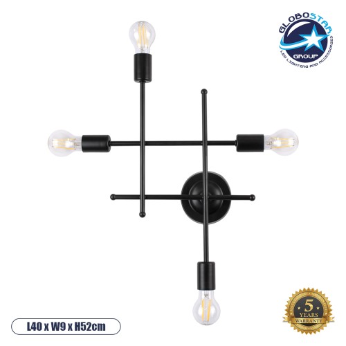GLOBOSTAR® PIPING 00661 Vintage Φωτιστικό Τοίχου - Απλίκα με Ντουί 4 x E27 AC 220-240V IP20 - Μαύρο - Μ40 x Π9 x Υ52cm
