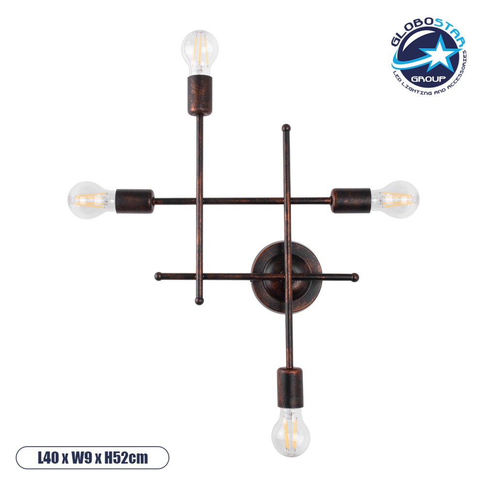 GLOBOSTAR® PIPING 00662 Vintage Φωτιστικό Τοίχου - Απλίκα με Ντουί 4 x E27 AC 220-240V IP20 - Χάλκινο - Μ40 x Π9 x Υ52cm