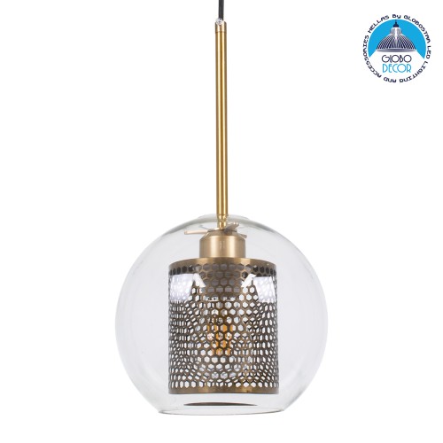 GLOBOSTAR® AVERY 00739 Μοντέρνο Κρεμαστό Φωτιστικό Οροφής με Ντουί 1 x E27 AC 220-240V IP20 - Διάφανο & Χρυσό - Μ18 x Π18 x Υ38cm