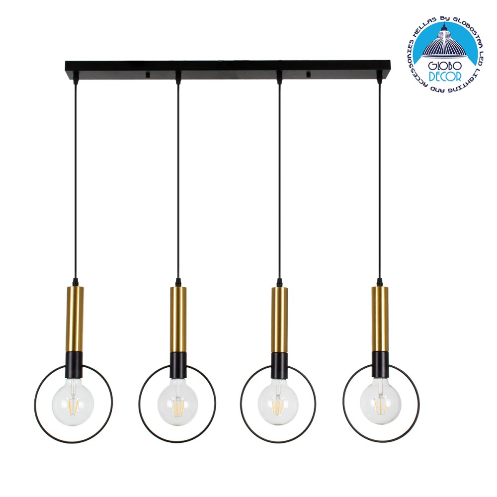 GLOBOSTAR® OLVERO 00775 Μοντέρνο Κρεμαστό Φωτιστικό Οροφής με Ντουί 4 x E27 AC 220-240V IP20 - Μαύρο & Χρυσό - Μ90 x Π18 x Y130cm