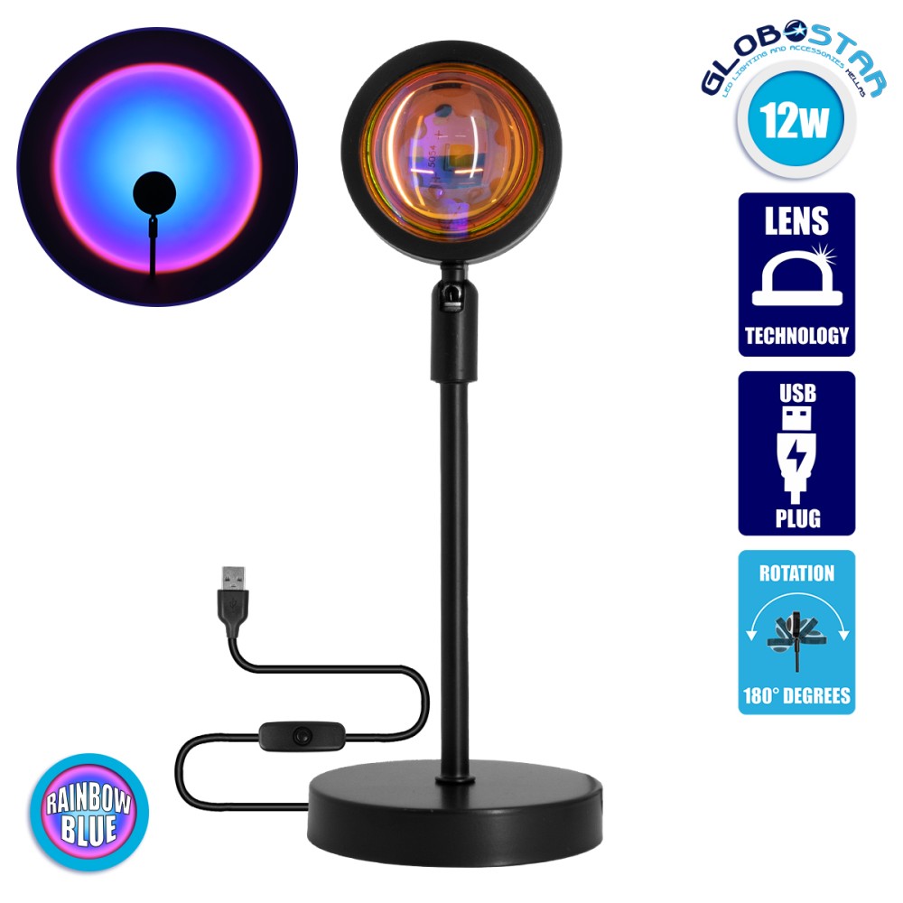 GloboStar® 00812 Επιτραπέζιο Φωτιστικό Πορτατίφ LED 12W 600lm 180° DC 5V IP20 Μπλε - Μωβ - Ροζ RAINBOW EFFECT Μαύρο Μέταλλο με Διάφανο Πλαστικό - Μ10 x Π10 x Υ26.5cm - 2 Xρόνια Εγγύηση