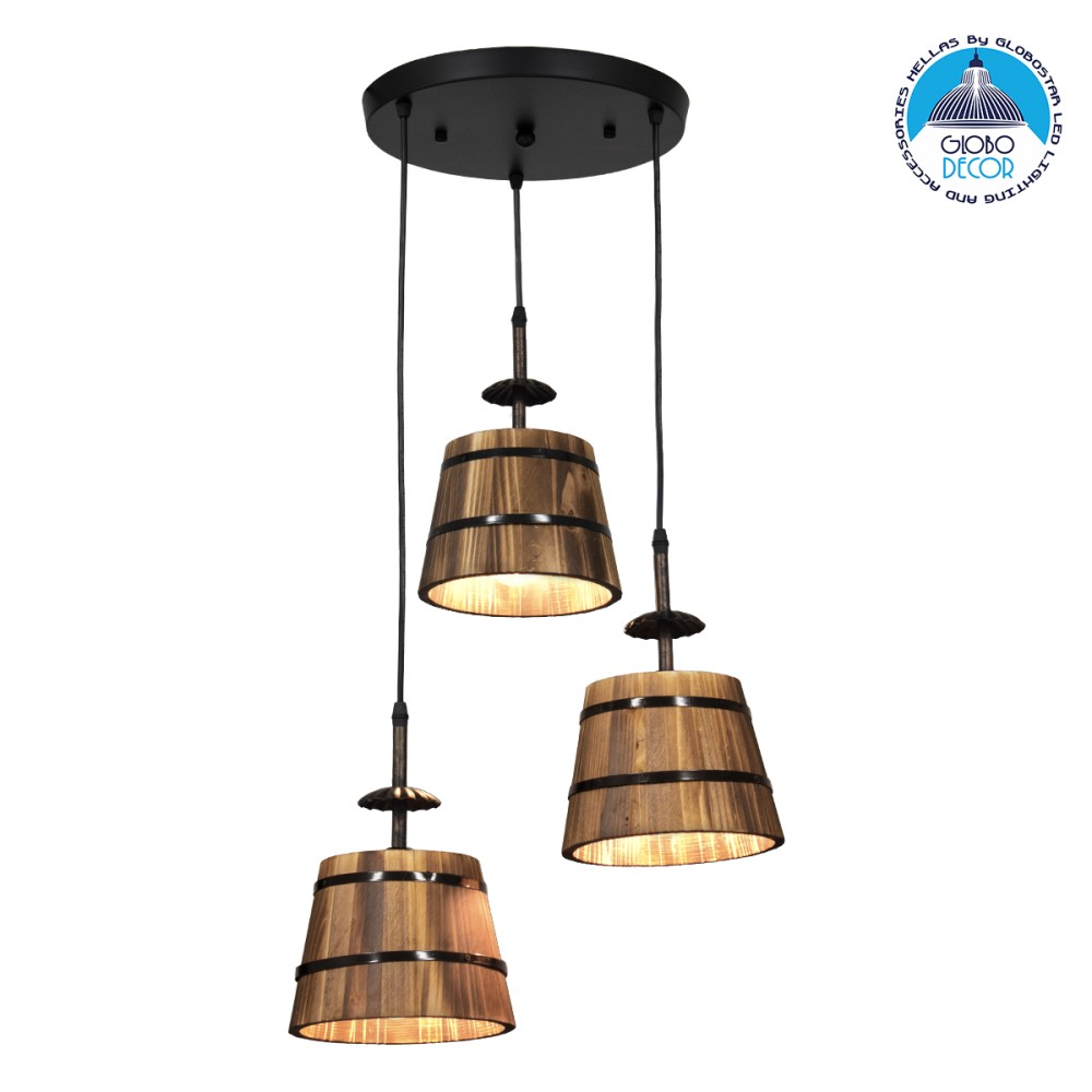 GLOBOSTAR® CEBU 00888 Vintage Κρεμαστό Φωτιστικό Οροφής με Ντουί 3 x E27 AC 220-240V IP20 - Καφέ & Μαύρο - Μ40 x Π40 x Y210cm