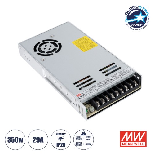 GLOBOSTAR® MEANWELL-LRS350-12 90784 Τροφοδοτικό/Μετασχηματιστής PELV 350W 29A DC 12V IP20 - AC 220-240V σε DC 12V / Ρυθμιζόμενo από DC 10.2V έως DC 13.8V - Μ21.5 x Π11.5 x Υ3cm - 3 Χρόνια Εγγύηση