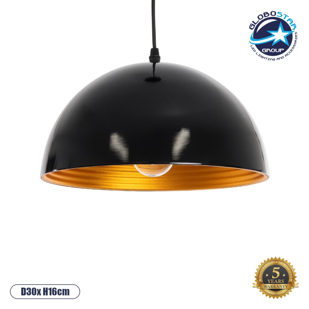 GLOBOSTAR® MEDEA 01004 Μοντέρνο Κρεμαστό Φωτιστικό Οροφής με Ντουί 1 x E27 AC 220-240V IP20 - Μαύρο & Χρυσό - Μ30 x Π30 x Υ16cm