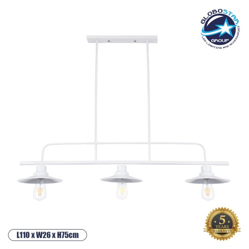 GLOBOSTAR® REGAL 01010 Vintage Φωτιστικό Οροφής με Ντουί 3 x E27 AC 220-240V IP20 - Λευκό - Μ110 x Π26 x Υ75cm
