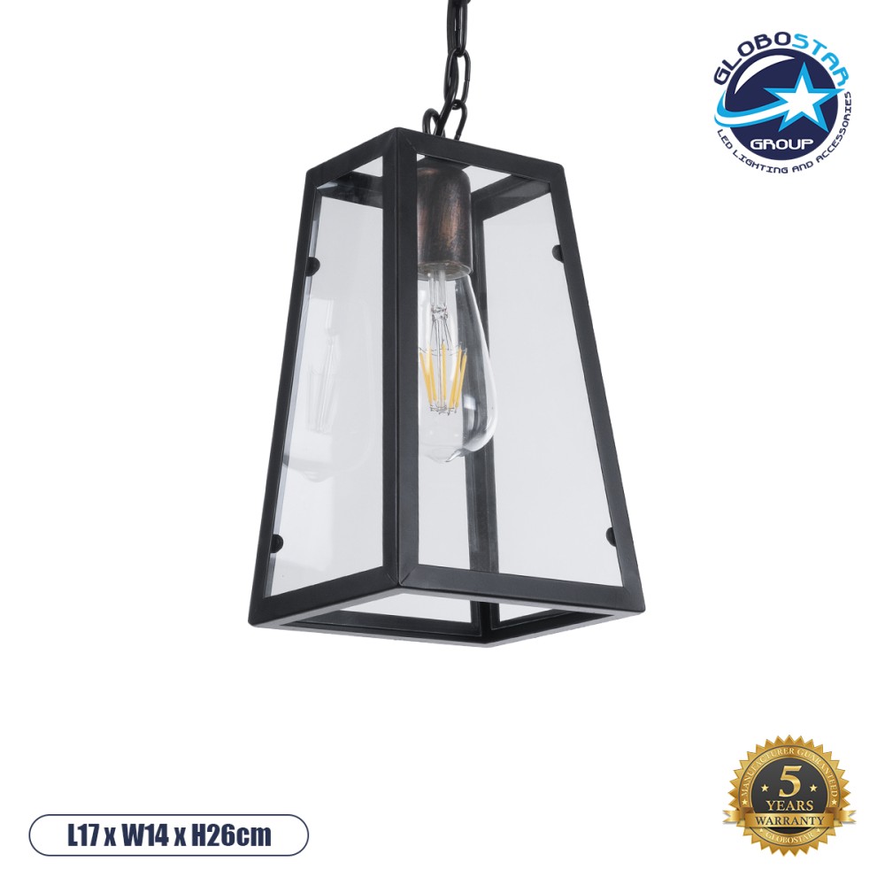 GLOBOSTAR® LIMA 01040 Vintage Κρεμαστό Φωτιστικό Οροφής με Ντουί 1 x E27 AC 220-240V IP20 - Μαύρο & Διάφανο - Μ17 x Π14 x Υ26cm