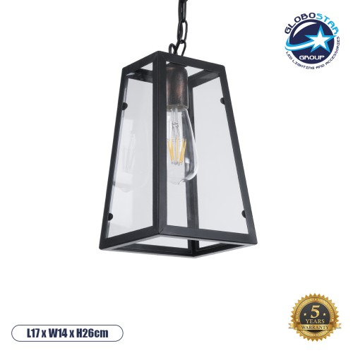 GLOBOSTAR® LIMA 01040 Vintage Κρεμαστό Φωτιστικό Οροφής με Ντουί 1 x E27 AC 220-240V IP20 - Μαύρο & Διάφανο - Μ17 x Π14 x Υ26cm