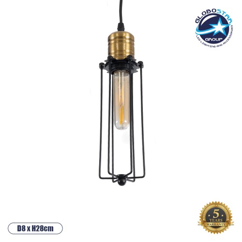 GLOBOSTAR® KLECE 01057 Vintage Κρεμαστό Φωτιστικό Οροφής με Ντουί 1 x E27 AC 220-240V IP20 - Μαύρο & Χρυσό - Μ8 x Π8 x Υ28cm