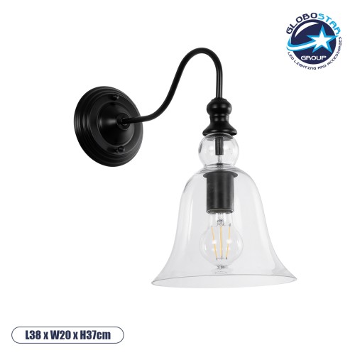 GLOBOSTAR® LILLY 01064 Vintage Φωτιστικό Τοίχου - Απλίκα με Ντουί 1 x E27 AC 220-240V IP20 - Μαύρο & Διάφανο - Μ38 x Π20 x Υ37cm