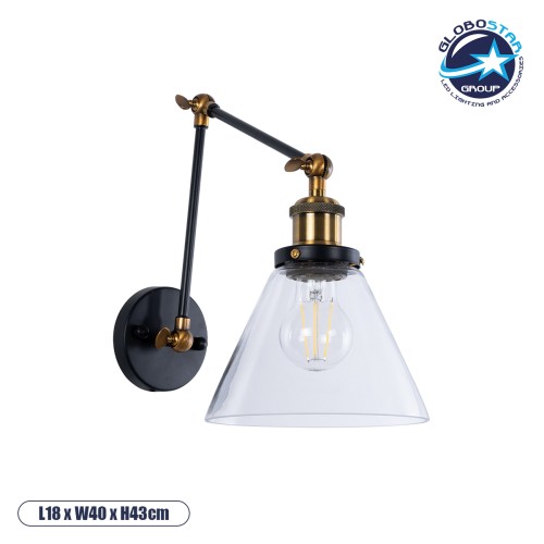 GLOBOSTAR® BINGLEY 01068 Vintage Φωτιστικό Τοίχου - Απλίκα με Ντουί 1 x E27 AC 220-240V IP20 - Διάφανο & Χρυσό - Μ18 x Π40 x Υ43cm