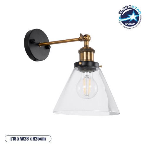 GLOBOSTAR® BINGLEY 01074 Vintage Φωτιστικό Τοίχου - Απλίκα με Ντουί 1 x E27 AC 220-240V IP20 - Διάφανο & Χρυσό - Μ18 x Π28 x Υ25cm