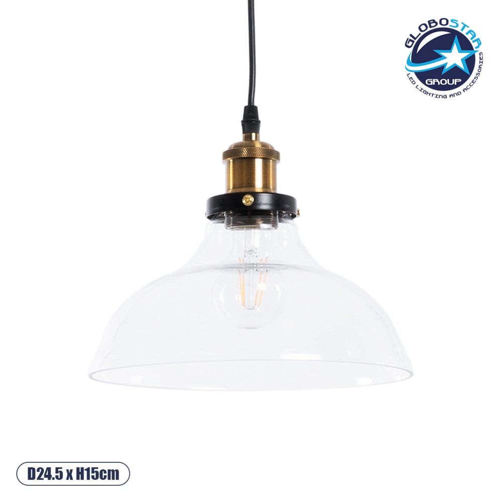 GLOBOSTAR® WICKHAM 01075 Vintage Κρεμαστό Φωτιστικό Οροφής με Ντουί 1 x E27 AC 220-240V IP20 - Διάφανο & Χρυσό - Μ24.5 x Π24.5 x Υ15cm