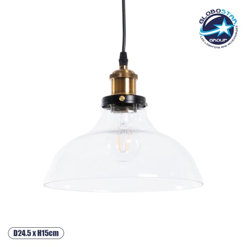 GLOBOSTAR® WICKHAM 01075 Vintage Κρεμαστό Φωτιστικό Οροφής με Ντουί 1 x E27 AC 220-240V IP20 - Διάφανο & Χρυσό - Μ24.5 x Π24.5 x Υ15cm
