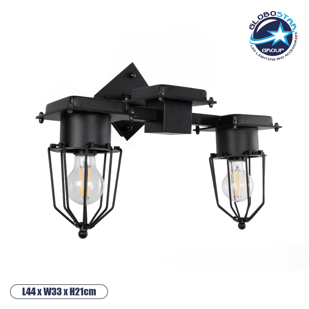 GLOBOSTAR® TORO 01079 Vintage Φωτιστικό Τοίχου - Απλίκα με Ντουί 2 x E27 AC 220-240V IP20 - Μαύρο - Μ44 x Π33 x Υ21cm