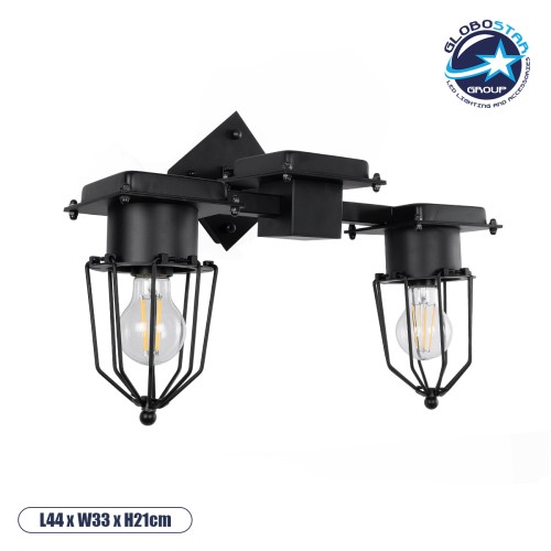 GLOBOSTAR® TORO 01079 Vintage Φωτιστικό Τοίχου - Απλίκα με Ντουί 2 x E27 AC 220-240V IP20 - Μαύρο - Μ44 x Π33 x Υ21cm