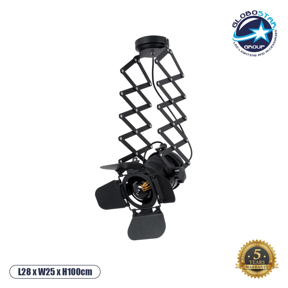 GLOBOSTAR® BROADWAY 01140 Vintage Φωτιστικό Οροφής με Ντουί 1 x E27 AC 220-240V IP20 - Μαύρο - Μ28 x Π25 x Υ100cm
