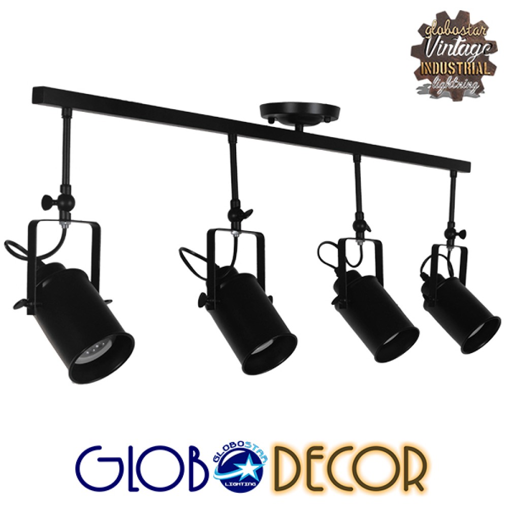 GLOBOSTAR® HOLLYWOOD 01156 Vintage Φωτιστικό Οροφής με Ντουί 4 x E27 AC 220-240V IP20 - Μαύρο - Μ110 x Π13 x Υ38cm