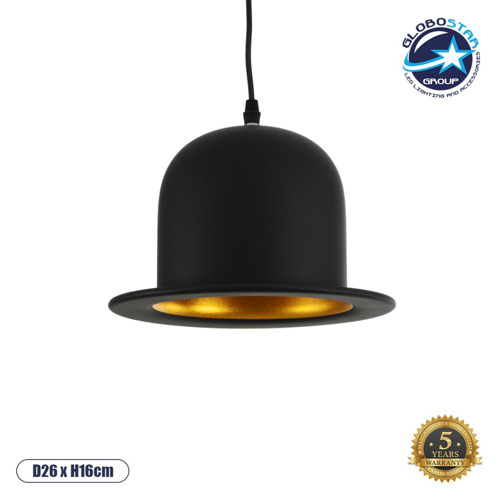 GLOBOSTAR® CHARLO 01214 Vintage Κρεμαστό Φωτιστικό Οροφής με Ντουί 1 x E27 AC 220-240V IP20 - Μαύρο & Χρυσό - Μ26 x Π26 x Υ16cm