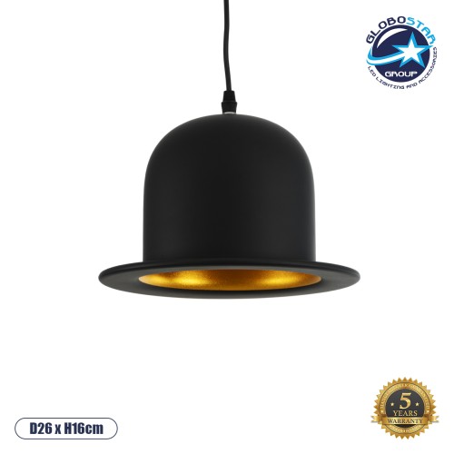 GLOBOSTAR® CHARLO 01214 Vintage Κρεμαστό Φωτιστικό Οροφής με Ντουί 1 x E27 AC 220-240V IP20 - Μαύρο & Χρυσό - Μ26 x Π26 x Υ16cm