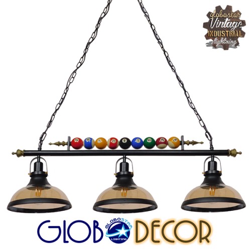 GLOBOSTAR® BILLIARD SERIES 01280 Vintage Κρεμαστό Φωτιστικό Οροφής με Ντουί 3 x E27 AC 220-240V IP20 - Μαύρο & Μελί - Μ96 x Π25 x Υ30cm
