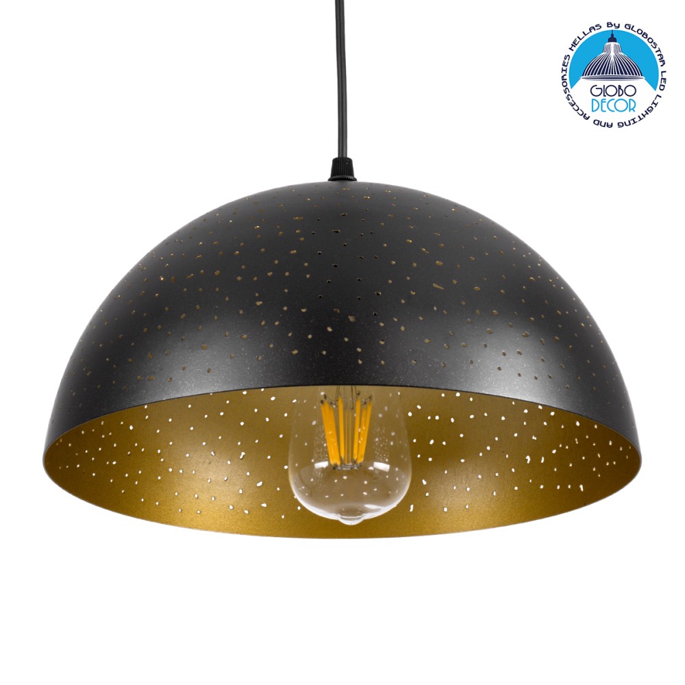 GLOBOSTAR® SOLANA 01301 Μοντέρνο Κρεμαστό Φωτιστικό Οροφής με Ντουί 1 x E27 AC 220-240V IP20 - Μαύρο & Χρυσό - Μ30 x Π30 x Υ15cm