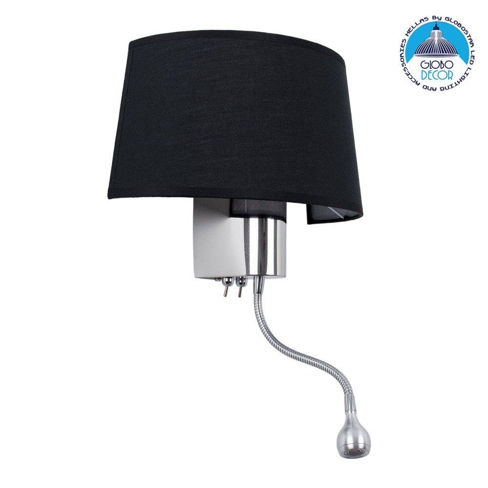 GLOBOSTAR® ELEGANT 01492 Μοντέρνο Φωτιστικό Τοίχου - Απλίκα Ξενοδοχείου Reading Light με Ντουί 1 x E27 LED 3W 360lm 36° AC 220-240V IP20 Θερμό Λευκό 2700K - Bridgelux COB Chip - Χρώμιο & Μαύρο - Μ26 x Π16.5 x Υ33cm - 2 Χρόνια Εγγύηση