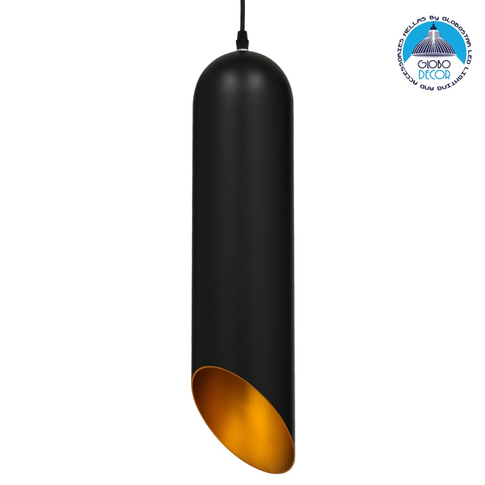 GLOBOSTAR® CARSON 01528 Μοντέρνο Κρεμαστό Φωτιστικό Οροφής με Ντουί 1 x E27 AC 220-240V IP20 - Μαύρο & Χρυσό - Μ12 x Π12 x Υ52cm