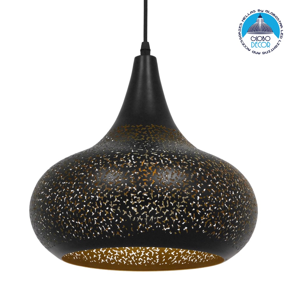 GLOBOSTAR® JANIS 01590 Μοντέρνο Κρεμαστό Φωτιστικό Οροφής με Ντουί 1 x E27 AC 220-240V IP20 - Μαύρο & Χρυσό - Μ30 x Π30 x Υ30cm