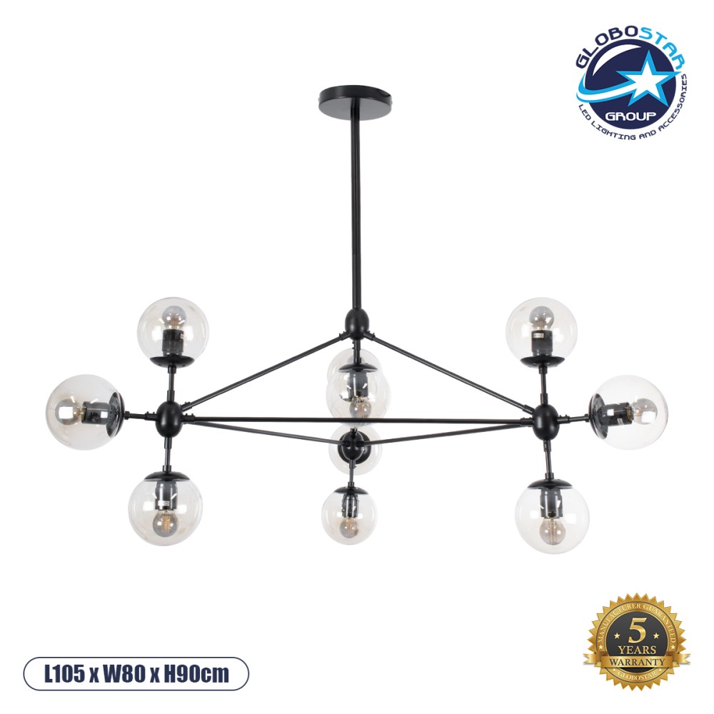 GLOBOSTAR® SENTINEL 01636 Μοντέρνο Φωτιστικό Οροφής με Ντουί 10 x E27 AC 220-240V IP20 - Μαύρο & Διάφανο - Μ105 x Π80 x Υ90cm