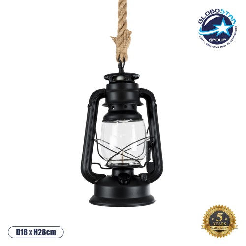 GLOBOSTAR® BARBAROSSA 01704 Vintage Κρεμαστό Φωτιστικό Οροφής με Ντουί 1 x E27 AC 220-240V IP20 - Μαύρο - Μ18 x Π18 x Υ28cm