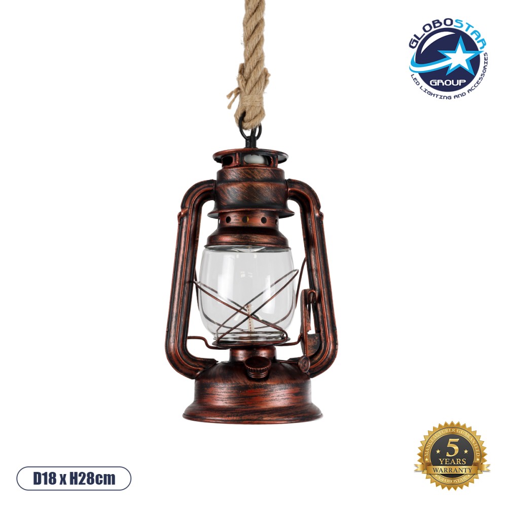 GLOBOSTAR® BARBAROSSA 01707 Vintage Κρεμαστό Φωτιστικό Οροφής με Ντουί 1 x E27 AC 220-240V IP20 - Χάλκινο - Μ18 x Π18 x Υ28cm