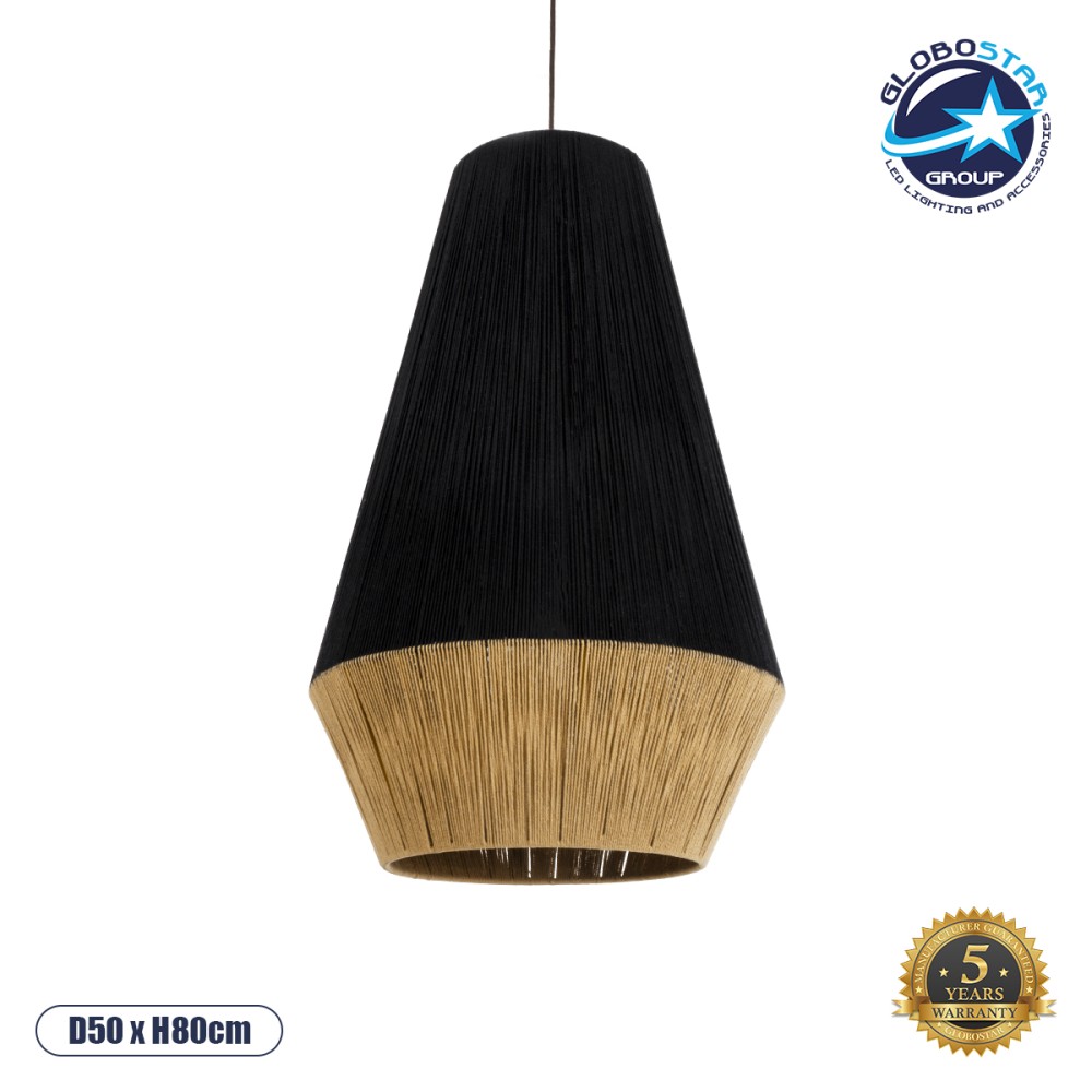 GLOBOSTAR® SALERNO 02080 Boho Κρεμαστό Φωτιστικό Οροφής με Ντουί 1 x E27 AC 220-240V IP20 - Μαύρο & Μπεζ - Μ50 x Π50 x Υ80cm