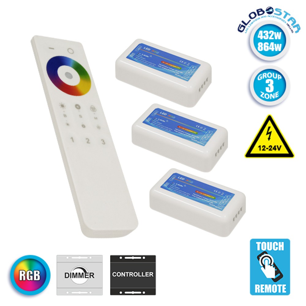Ασύρματος LED RGB Controller με Χειριστήριο Αφής 2.4G RF για Τρία Group 12v (432w) - 24v (864w) DC GloboStar 04242