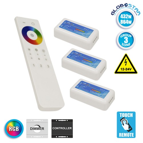 Ασύρματος LED RGB Controller με Χειριστήριο Αφής 2.4G RF για Τρία Group 12v (432w) - 24v (864w) DC GloboStar 04242