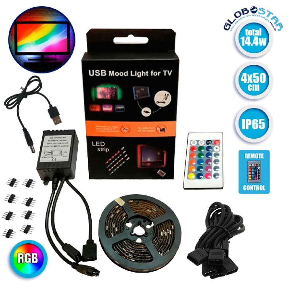 Πλήρες Κιτ Κρυφού Φωτισμού RGB με USB για Τηλεοράσεις και Τηλεχειριστήριο GloboStar 06006