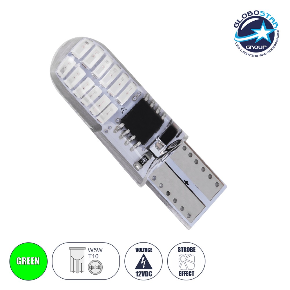 GloboStar® 08343 Λάμπα Αυτοκινήτου LED STROBE T10 W5W 24xSMD3014 1W 120lm 360° DC 12V IP20 Φ1 x Υ3.2cm Πράσινο