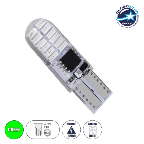 GloboStar® 08343 Λάμπα Αυτοκινήτου LED STROBE T10 W5W 24xSMD3014 1W 120lm 360° DC 12V IP20 Φ1 x Υ3.2cm Πράσινο