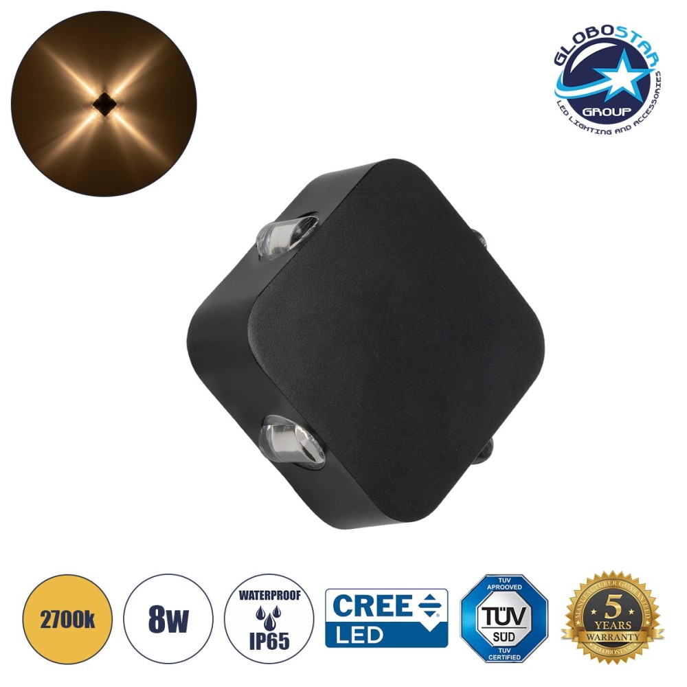 GLOBOSTAR® LUZ 60688 Μοντέρνο Φωτιστικό Τοίχου - Απλίκα LED 8W 800lm 10° AC 220-240V Αδιάβροχο IP65 Θερμό Λευκό 2700K - CREE XPE Chip & TÜV SÜD Driver - Μαύρο Ματ - Μ13.5 x Π4.5 x Υ13.5cm - 5 Χρόνια Εγγύηση