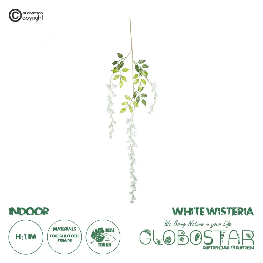 GloboStar® 78006 Τεχνητό Κρεμαστό Διακοσμητικό Φυτό με 3 X Κλαδιά Βιστέρια Λευκή - Μ10 x Π10 x Υ110cm
