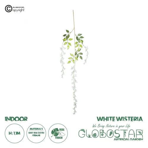 GloboStar® 78006 Τεχνητό Κρεμαστό Διακοσμητικό Φυτό με 3 X Κλαδιά Βιστέρια Λευκή - Μ10 x Π10 x Υ110cm
