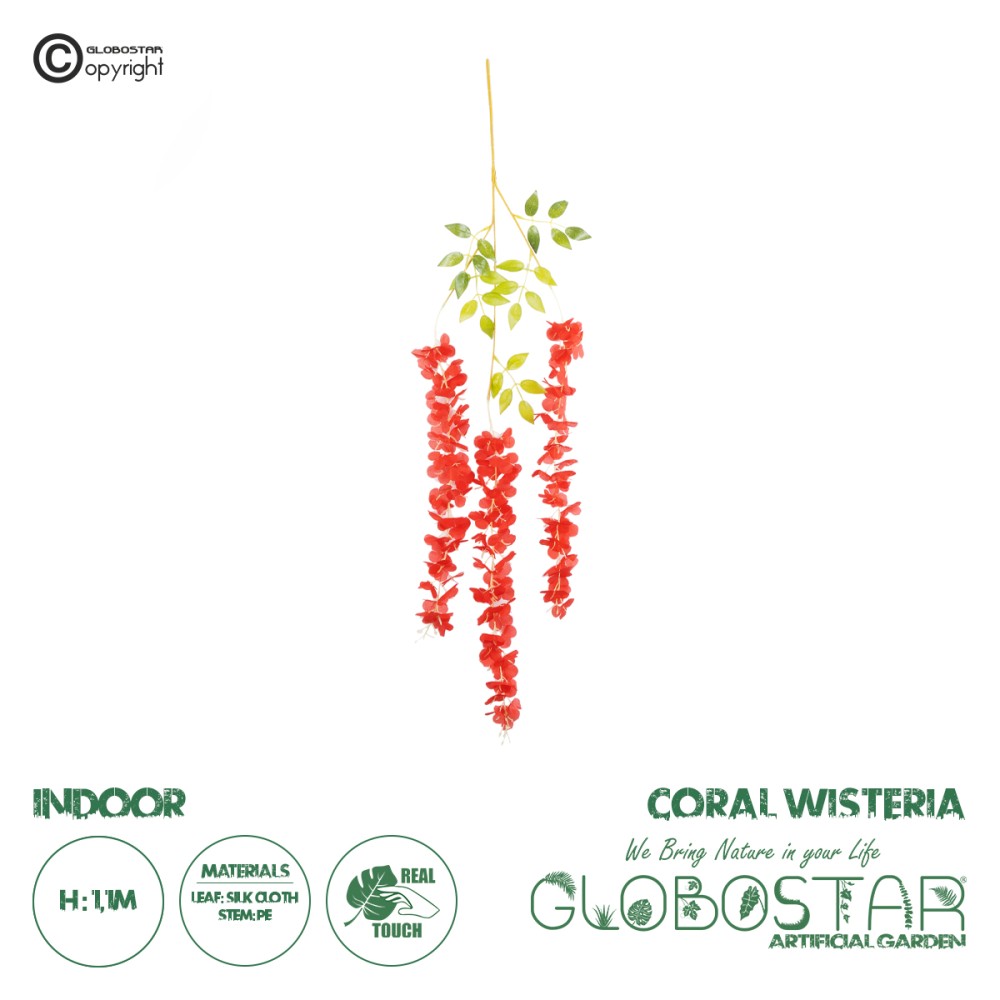 GloboStar® 09033 Τεχνητό Κρεμαστό Διακοσμητικό Φυτό Μήκους 1.1 μέτρων με 3 X Κλαδιά Βιστέρια Κοραλί