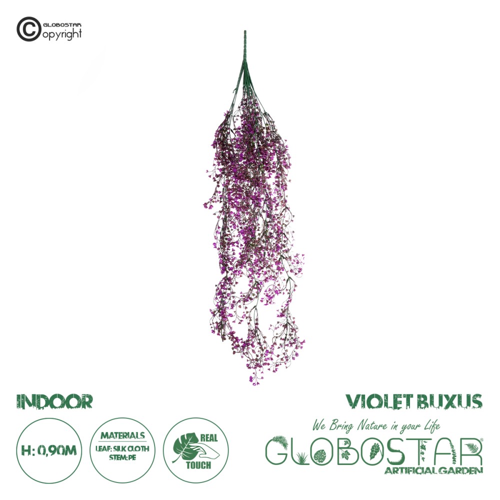 GloboStar® 09036 Τεχνητό Κρεμαστό Διακοσμητικό Φυτό Μήκους 1.2 μέτρων με 13 X Κλαδιά Πυξός Πράσινο Μωβ
