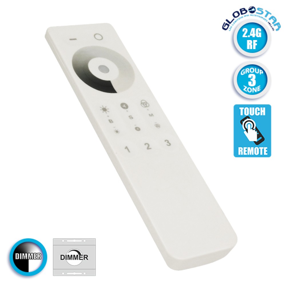 GLOBOSTAR® DIMMERGROUP 73313 RF 2.4G Ασύρματο Χειριστήριο Αφής 3 Ζωνών για Dimmer 73314 DC3V 2 x AAA IP20 - RF 2.4G - Μ15 x Π4 x Υ1cm - 2 Χρόνια Εγγύηση
