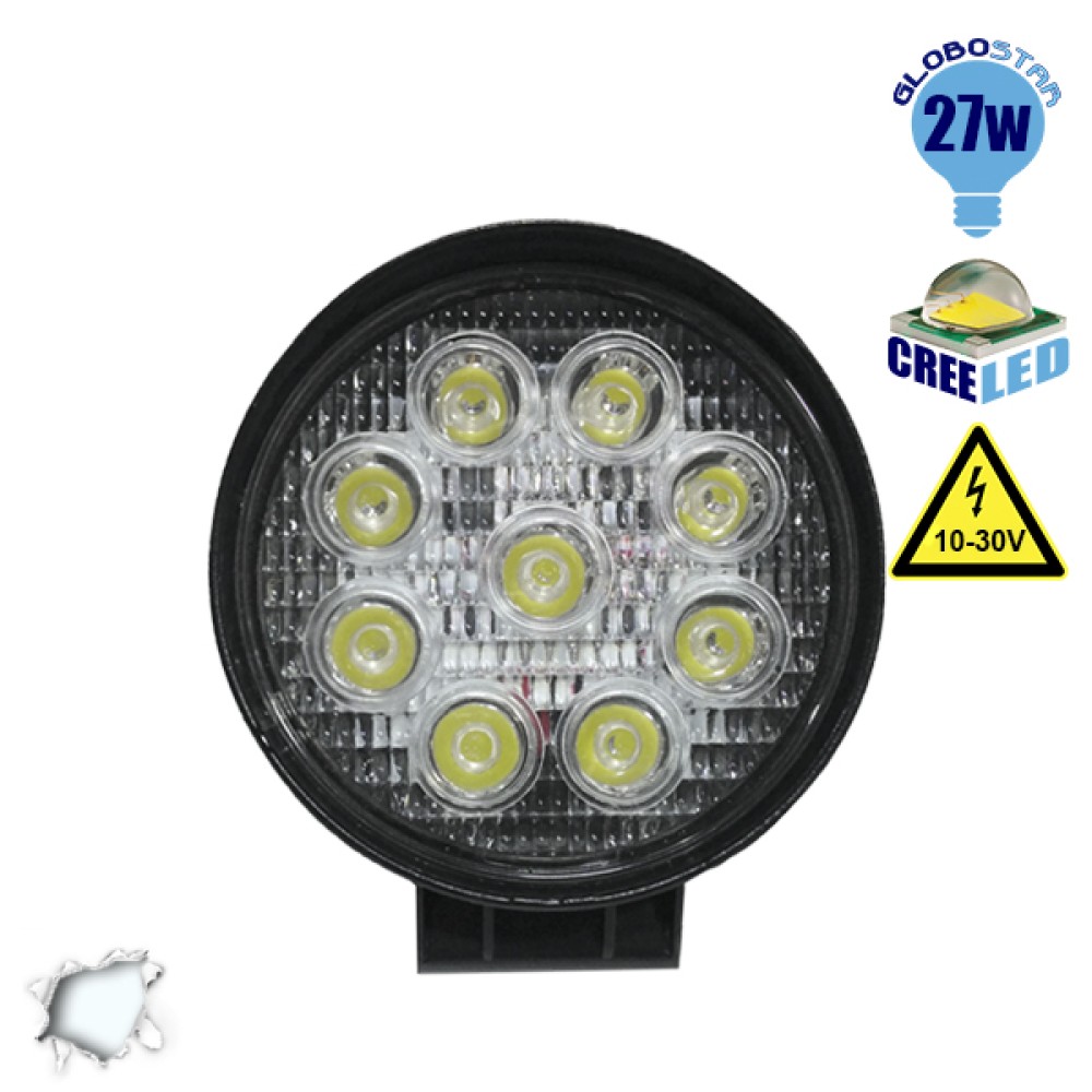 GloboStar® 30000 PRO Series Προβολέας Εργασίας - Working Light για Αυτοκίνητα & Φορτηγά Στρογγυλός 27W 10-30V 3780lm 30° Αδιάβροχος IP65 Ψυχρό Λευκό 6000k