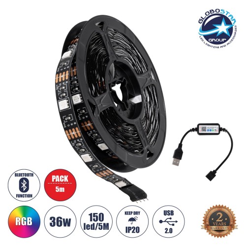 GLOBOSTAR® CHROMAWAVE 90759 Σετ Ταινίας με Λειτουργία μέσω Bluetooth & WiFi APP LED 36W 2160lm 120° DC 5V με USB 2.0 IP20 150 x SMD5050 Chip Πολύχρωμο RGB Dimmable - Sanan SMD Chip - Μ500 x Π1 x Υ0.2cm - Ρολό 5 Μέτρων - 2 Χρόνια Εγγύηση