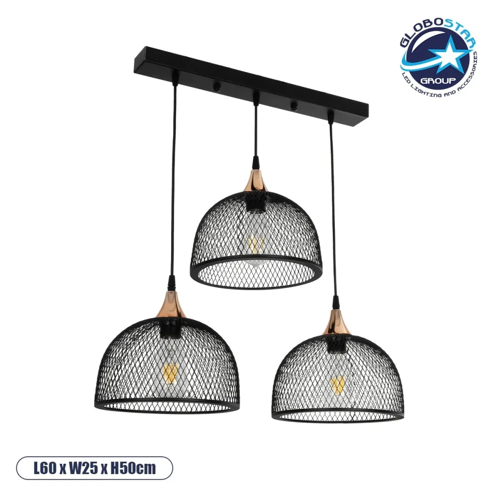GLOBOSTAR® GLIND 201-0082 Vintage Κρεμαστό Φωτιστικό Οροφής με Ντουί 3 x E27 AC 220-240V IP20 - Μαύρο - Μ60 x Π25 x Υ50cm