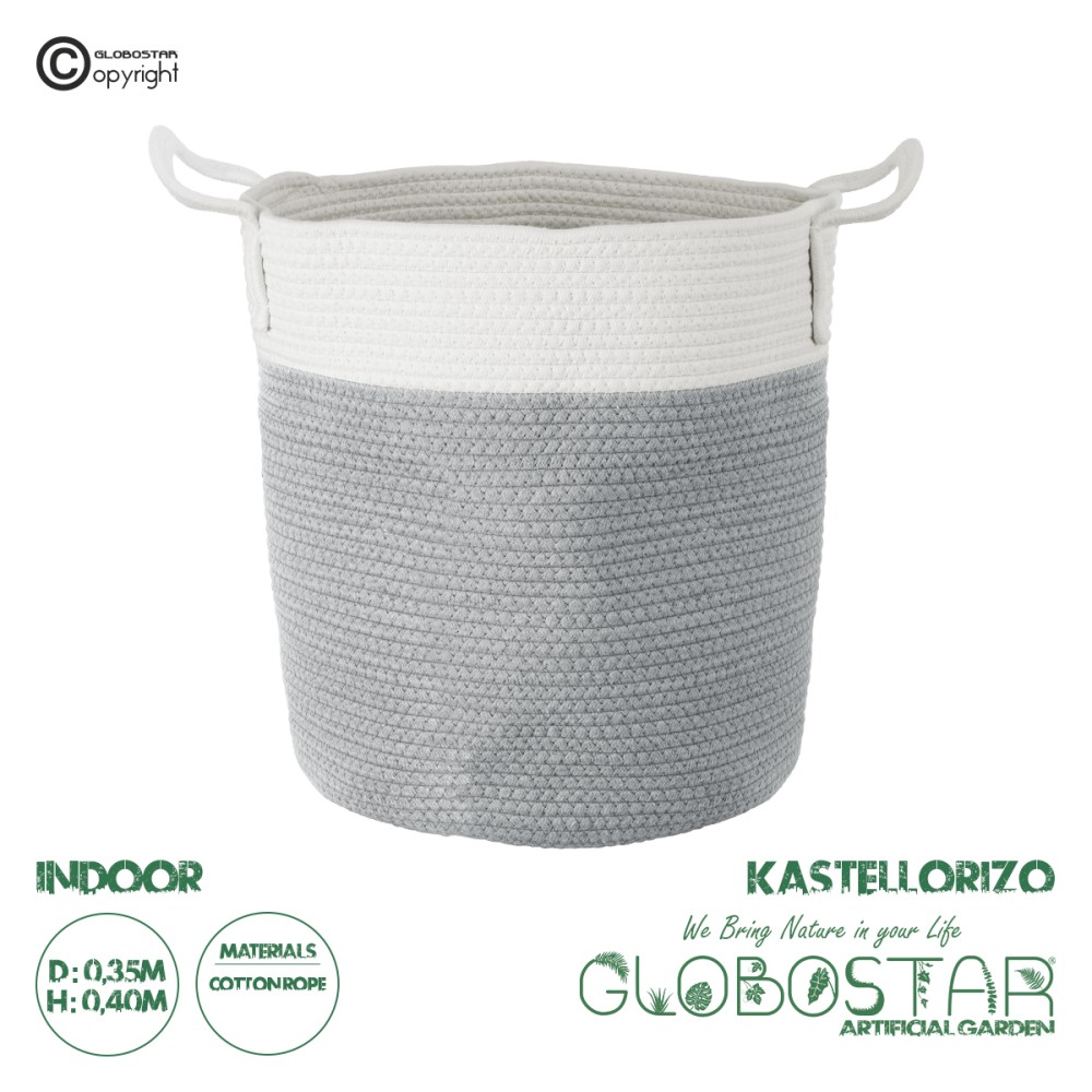 GloboStar® Artificial Garden KASTELLORIZO 20198 Διακοσμητικό Πλεκτό Καλάθι - Κασπώ Γλάστρα - Flower Pot  Γκρι με Λευκό Π35cm x Υ40cm