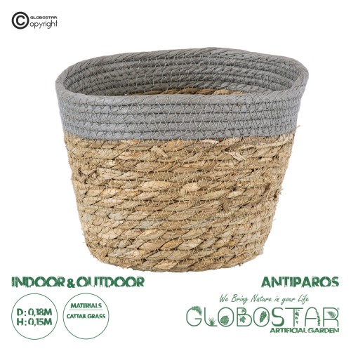 GloboStar® Artificial Garden ANTIPAROS 20288 Διακοσμητικό Πλεκτό Καλάθι - Κασπώ Γλάστρα - Flower Pot Μπεζ με Γκρι Φ18cm x Υ15cm
